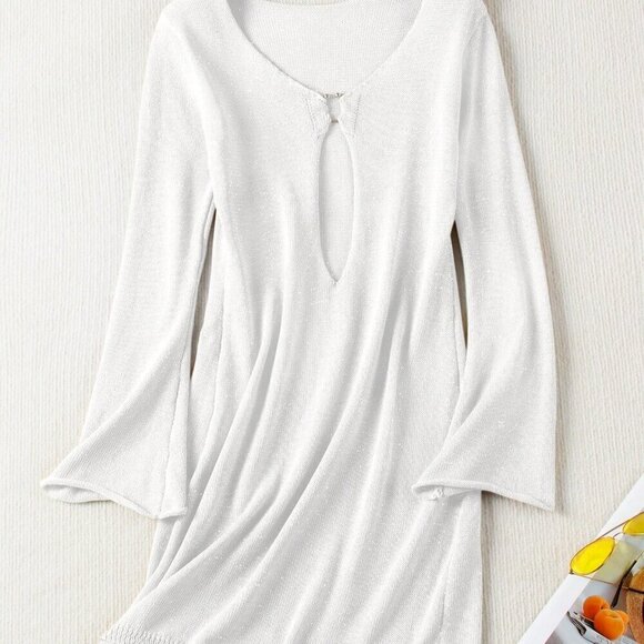 White Women's Sexy Metallic Ring Hollow Deep V-Neck Knit Wrap Knit Mini Dress - Picture 7 of 8